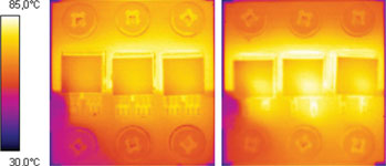 Figure 5. Thermal comparison between a D&#178;-Pak 7-pin (left) and a standard D&#178;Pak (right)